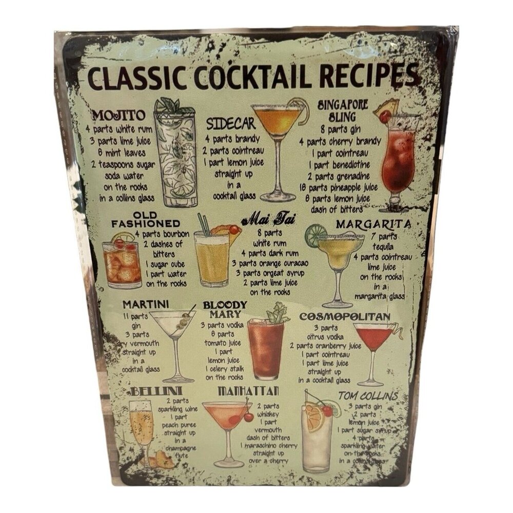 ~Classic Cocktail Recipes ~ 8" x 12" METAL SIGN ~Bar Pub Old Fashion Martini